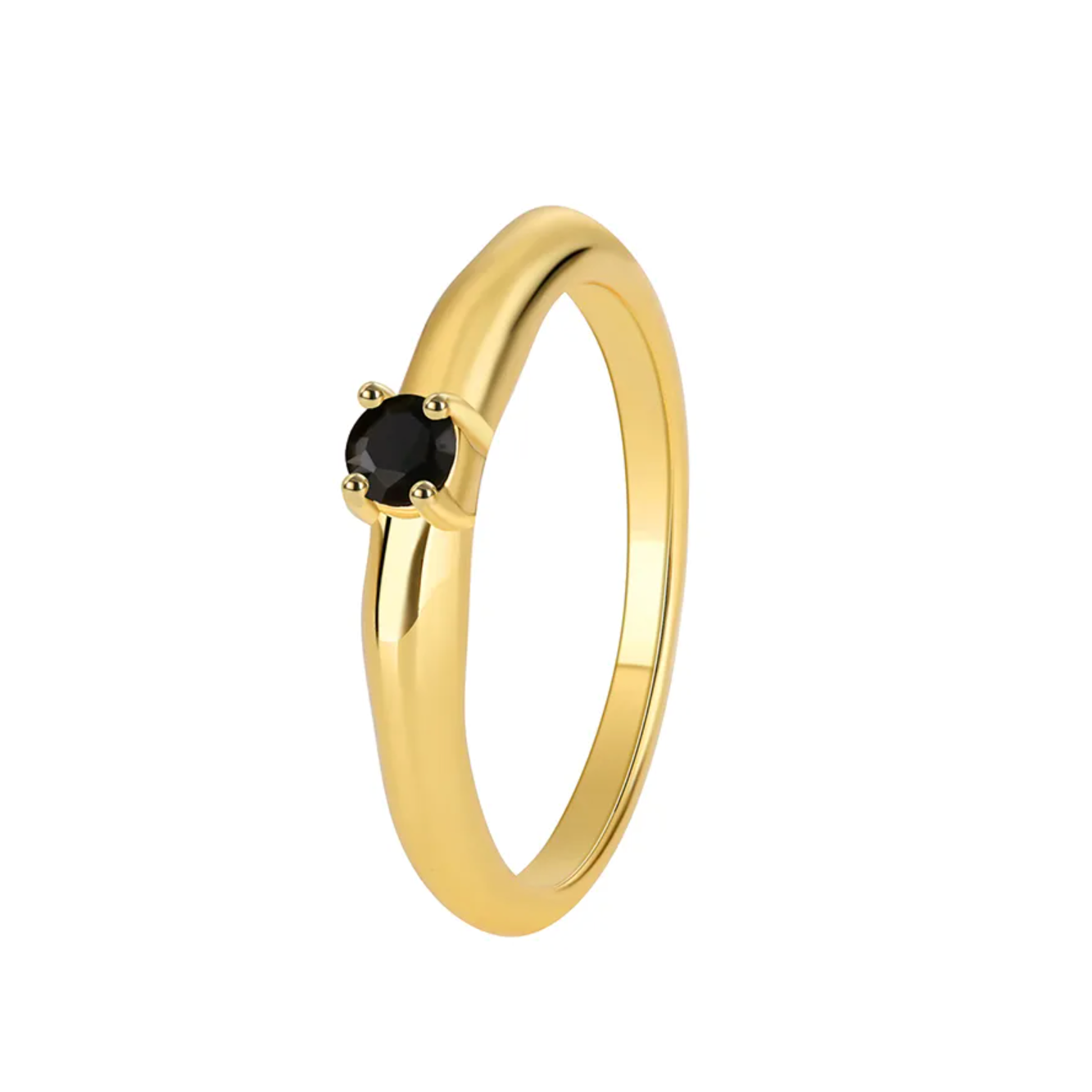 Bague femme dorée en or 18K avec pierre noire ronde facettée sertie en solitaire. Bijou minimaliste et élégant, au contraste raffiné entre doré et noir, parfait pour un style chic et intemporel